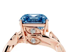 Fancy Blue Asscher Cut Diamond Solitaire Twist Engagement Ring Set in Rose gold with Pavé Leaf Accents