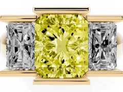 Fancy Yellow Radiant Cut Diamond Three-Stone Channel Set Ring Set in Yellow gold with Smooth Polished Band
