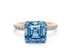 Fancy Blue Asscher Cut Diamond Solitaire Engagement Ring Set in Rose gold with Round Pavé Band and Prong Setting
