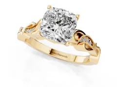 Cushion Cut Diamond Vine Band Solitaire Ring Set in Yellow gold with Milgrain Prong Setting