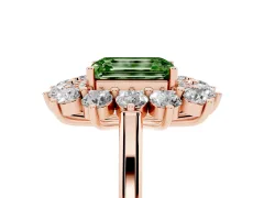 Fancy Green Emerald Cut Diamond Floral Double Halo Ring Set in Rose gold with Round Petals