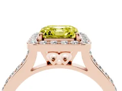 Fancy Yellow Asscher Cut Diamond Halo Engagement Ring Set in Rose gold with Round Pavé Shoulders and Heart Gallery