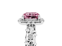 Fancy Pink Cushion Cut Diamond Halo Ring Set in Silver with Filigree Leaf Band and Prong Setting