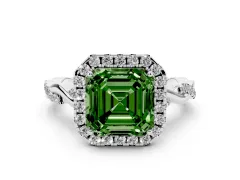Fancy Green Asscher Cut Diamond Halo Twist Band Solitaire Ring Set in White gold with Prong Setting