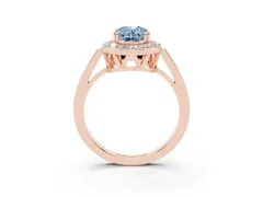 Fancy Blue Oval Cut Diamond Halo Ring Set in Rose gold with Accent-Lined Split Shank and Prong Setting