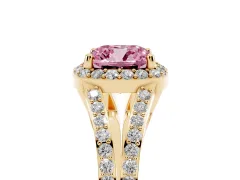Fancy Pink Cushion Cut Diamond Halo Split Shank Pavé Ring Set in Yellow gold with Prong Setting