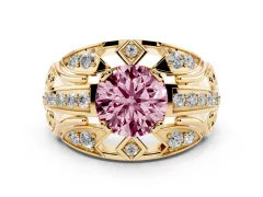 Fancy Pink Round Cut Diamond Art Deco Ring Set in Yellow gold with Pavé Split Shank