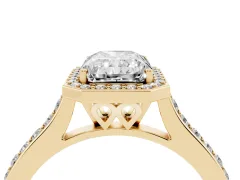 Radiant Cut Diamond Halo Engagement Ring Set in Yellow gold with Round Pavé Shoulders and Heart Gallery