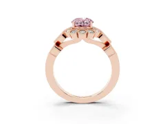 Fancy Pink Oval Cut Diamond Solitaire Ring Set in Rose gold with Milgrain Pavé Heart Band