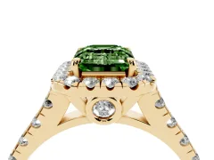 Fancy Green Emerald Cut Diamond Halo Engagement Ring Set in Yellow gold with Pavé Band and Prong-Set Center
