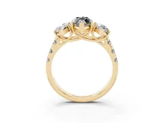 Fancy Black Marquise Cut Diamond Three-Stone Ring Set in Yellow gold with Pavé Band