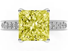 Fancy Yellow Princess Cut Diamond Solitaire Ring Set in Platinum with Milgrain-Edged Pavé Band and Prong Setting