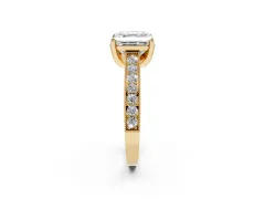 Asscher Cut Diamond Solitaire Ring Set in Yellow gold with Milgrain-Edged Pavé Band and Prong Setting