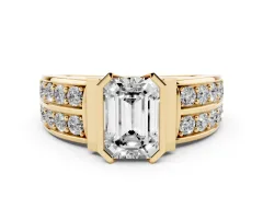 Emerald Cut Diamond Wide Channel Set Band Ring Set in Yellow gold with Bezel Setting