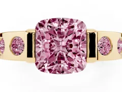 Fancy Pink Cushion Cut Diamond Channel-Set Band Ring Set in Yellow gold with Bezel Prong Setting