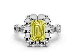Fancy Yellow Emerald Cut Diamond Floral Halo Ring Set in White gold with Shared Prong Band