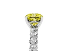 Fancy Yellow Cushion Cut Diamond Solitaire Ring Set in Silver with Shared Prong Pavé Band