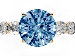 Fancy Blue Round Cut Diamond Five-Stone Prong Set Band Ring Set in Yellow gold with Polished Band