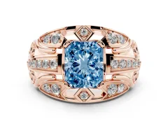 Fancy Blue Radiant Cut Diamond Art Deco Ring Set in Rose gold with Pavé Split Shank