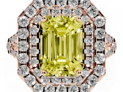 Fancy Yellow Emerald Cut Diamond Double Halo Ring Set in Rose gold with Pavé Split Shank and Prong Setting