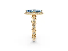 Fancy Blue Marquise Cut Diamond Halo Ring Set in Yellow gold with Filigree Leaf Band and Prong Setting