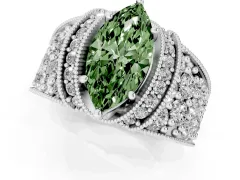 Fancy Green Marquise Cut Diamond Milgrain Halo Pavé Engagement Ring Set in White gold with Prong Setting