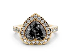 Fancy Black Heart Cut Diamond Halo Ring Set in Yellow gold with Pavé Shank and Prong Setting