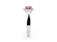 Fancy Pink Cushion Cut Diamond Halo Solitaire Engagement Ring Set in White gold with Square Band and Prong Setting
