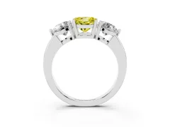 Fancy Yellow Round Cut Diamond Three-Stone Ring Set in Platinum with Prong Setting and Plain Band