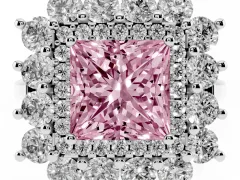 Fancy Pink Princess Cut Diamond Floral Double Halo Ring Set in White gold with Round Petals