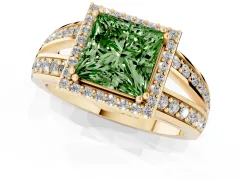 Fancy Green Princess Cut Diamond Halo Ring Set in Yellow gold with Double Pavé Split Shank
