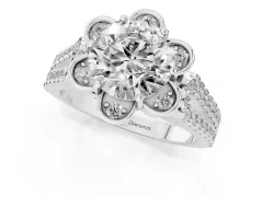 Round Cut Diamond Floral Halo Split Shank Engagement Ring Set in Platinum with Pavé Shank