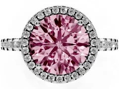 Fancy Pink Round Cut Diamond Halo Ring Set in Platinum with Pavé Shoulders and Halo-Framed Center