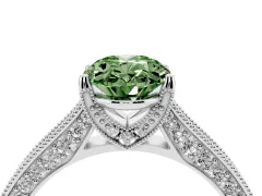 Fancy Green Oval Cut Diamond Solitaire Ring Set in White gold with Milgrain-Edged Pavé Band and Prong Setting