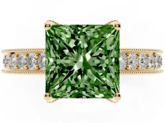 Fancy Green Princess Cut Diamond Solitaire Ring Set in Yellow gold with Milgrain-Edged Pavé Band and Prong Setting
