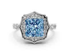 Fancy Blue Princess Cut Diamond Halo Engagement Ring Set in White gold with Milgrain Band and Prong Setting