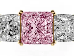 Fancy Pink Princess Cut Diamond Three-Stone Ring Set in Yellow gold with Textured Band