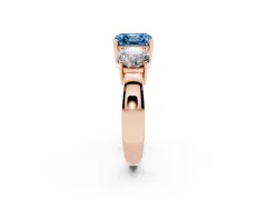 Fancy Blue Asscher Cut Diamond Three-Stone Ring Set in Rose gold with Round Side Stones and Classic Band