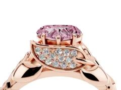 Fancy Pink Heart Cut Diamond Leaf-Inspired Engagement Ring Set in Rose gold with Round Accents