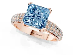 Fancy Blue Princess Cut Diamond Solitaire Ring Set in Rose gold with Multi-Row Round Pavé Band and Prong Setting