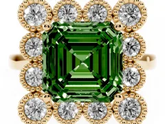 Fancy Green Asscher Cut Diamond Cluster Halo Ring Set in Yellow gold with Milgrain Bezel Accents and Plain Band