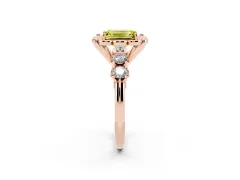 Fancy Yellow Emerald Cut Diamond Floral Halo Ring Set in Rose gold with Shared Prong Band