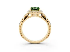 Fancy Green Cushion Cut Diamond Halo Ring Set in Yellow gold with Filigree Leaf Band and Prong Setting