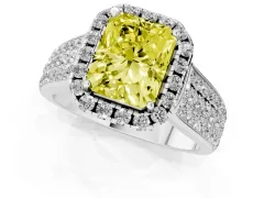 Fancy Yellow Radiant Cut Diamond Halo Ring Set in White gold with Pavé Band and Raised Center Setting