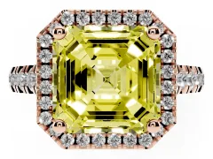 Fancy Yellow Asscher Cut Diamond Halo Engagement Ring Set in Rose gold with Pavé Band and Prong-Set Center