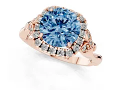 Fancy Blue Round Cut Diamond Halo Engagement Ring Set in Rose gold with Vintage-Inspired Band and Prong Setting