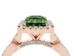 Fancy Green Emerald Cut Diamond Halo Twist Band Solitaire Ring Set in Rose gold with Prong Setting