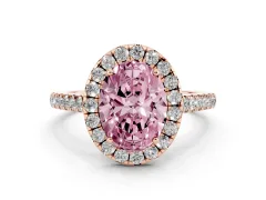 Fancy Pink Oval Cut Diamond Halo Pavé Engagement Ring Set in Rose gold with Prong Setting