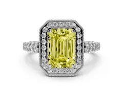 Fancy Yellow Emerald Cut Diamond Milgrain Halo Solitaire Ring Set in Platinum with Bezel Set Side Stones and Pavé Band