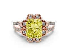 Fancy Yellow Radiant Cut Diamond Floral Halo Split Shank Engagement Ring Set in Rose gold with Pavé Shank